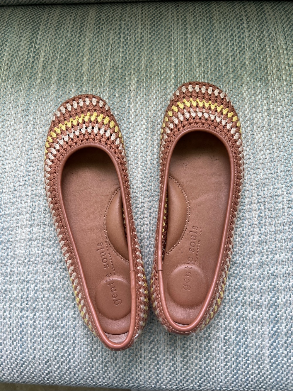 gentle souls Brown Crochet Trim Ballet Flats with Yellow Accent
